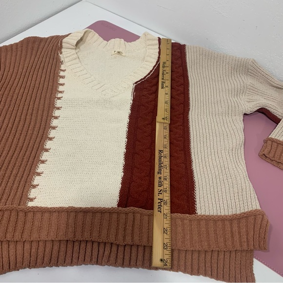 POL Oversized Color Block Cable Knit Sweater wide cropped sleeve Rust Cream - Picture 12 of 13